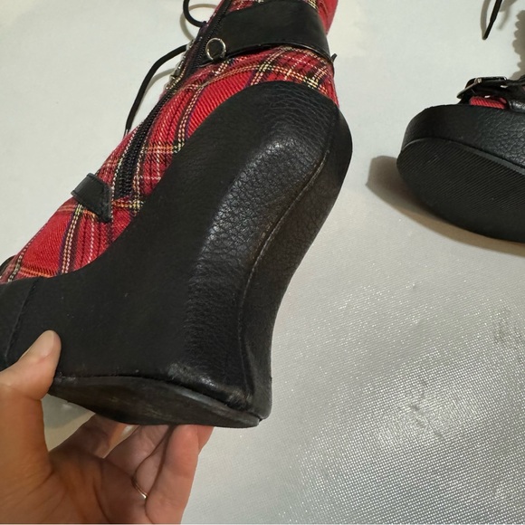 Demonic Red Plaid Tartan Wedge Peep Toe Lace Up Shoes Grunge Punk Gothic Size 7 - Picture 5 of 12